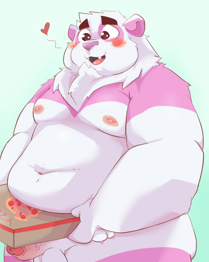&lt;3 2020 absurd_res anthro balls belly blush delivery_(commerce) food food_delivery fur genitals giant_panda hi_res humanoid_genitalia humanoid_penis kemono male mammal moobs navel nipples overweight overweight_anthro overweight_male penis pizza pizza_box pizza_delivery qqmelon888 solo ursid white_body white_fur