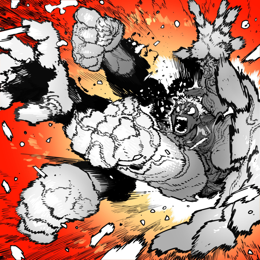 1boy afterimage angry asura's_wrath asura_(asura's_wrath) blank_eyes highres monochrome open_mouth punching red_theme solo ssambatea wide-eyed