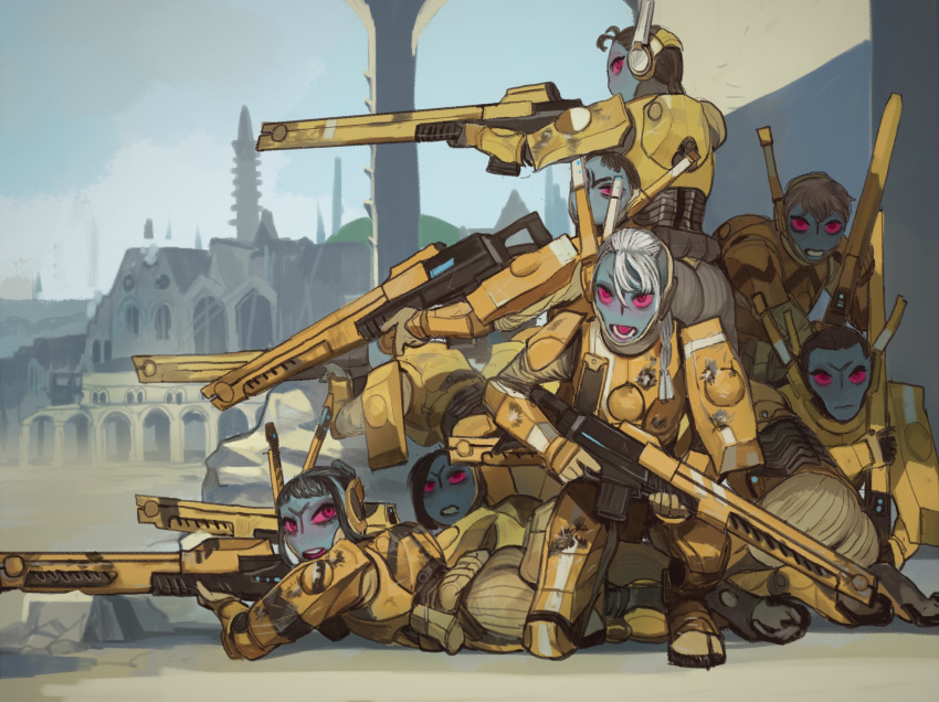 6+girls armor ass black_hair braid braided_ponytail gun highres kneeling looking_at_another looking_back lying mossacannibalis multiple_girls on_stomach red_eyes rifle tau warhammer_40k weapon white_hair