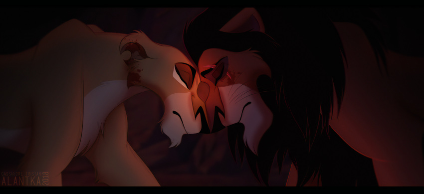 2018 absurd_res alantka black_mane canon_couple disney duo eyes_closed felid female feral hi_res huge_filesize lion male male/female mammal mane pantherine sad scar scar_(the_lion_king) smaller_version_at_source standing the_lion_king touching_noses watermark zira