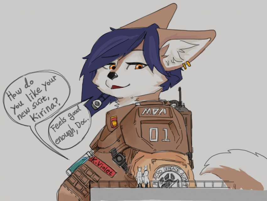 accessory anthro armor blue_hair brown_body brown_fur canid canine canis clothed clothing dialogue digital_drawing_(artwork) digital_media_(artwork) domestic_dog ear_piercing english_text female fur grey_background group hair kirina_violet_(pederont) korean_jindo macro mammal micro microphone military military_uniform name_tag orange_eyes pederont piercing scientist short_hair shoulder_pads simple_background simple_shading size_difference smile soldier solo_focus speech_bubble spitz text uniform warrior