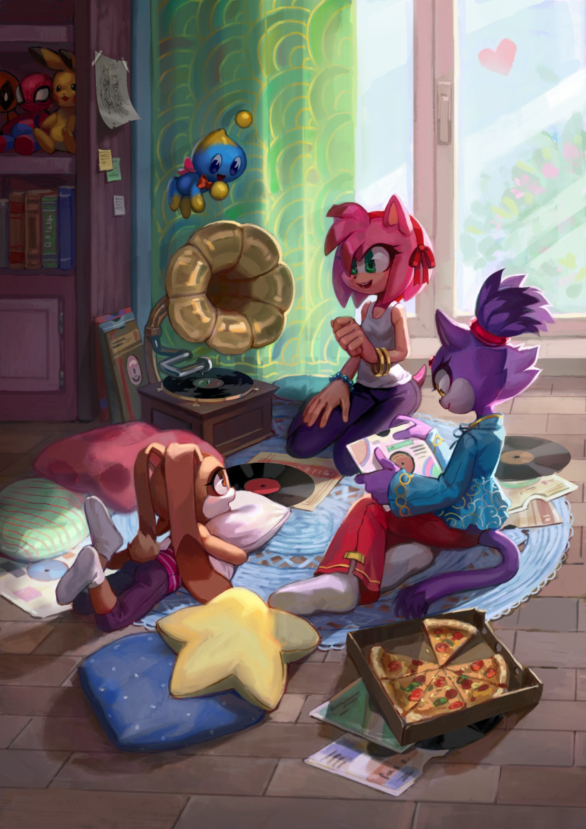 2020 absurd_res accessory ambiguous_gender amy_rose anthro blaze_the_cat bloomth blue_eyes book bookshelf breasts brown_eyes chao_(sonic) cheese_the_chao clothing cream_the_rabbit crossover day deadpool detailed_background eulipotyphlan eye_contact felid feline female floppy_ears food footwear fur furniture glass green_eyes group hair hair_accessory hairband hedgehog hi_res inside lagomorph long_ears looking_at_another male mammal marvel nintendo open_mouth open_smile pikachu pillow pizza pizza_box plushie pok&eacute;mon pok&eacute;mon_(species) ponytail record_player smile socks sonic_the_hedgehog_(series) spider-man_(character) spider-man_(series) video_games window yellow_eyes