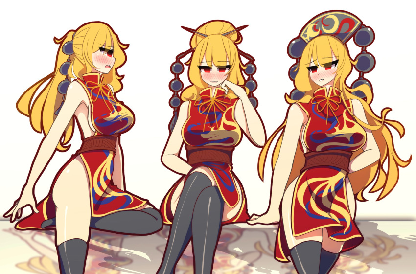 alternate_hairstyle black_legwear blonde_hair blush breasts chinese_clothes chopsticks crescent empty_eyes hair_bun headwear_removed highres junko_(touhou) kaliningradg leaning_on_object long_hair naked_tabard nose_blush over-kneehighs ponytail red_eyes red_tabard reflection shiny shiny_clothes shiny_legwear sideboob sitting standing tabard thighhighs touhou
