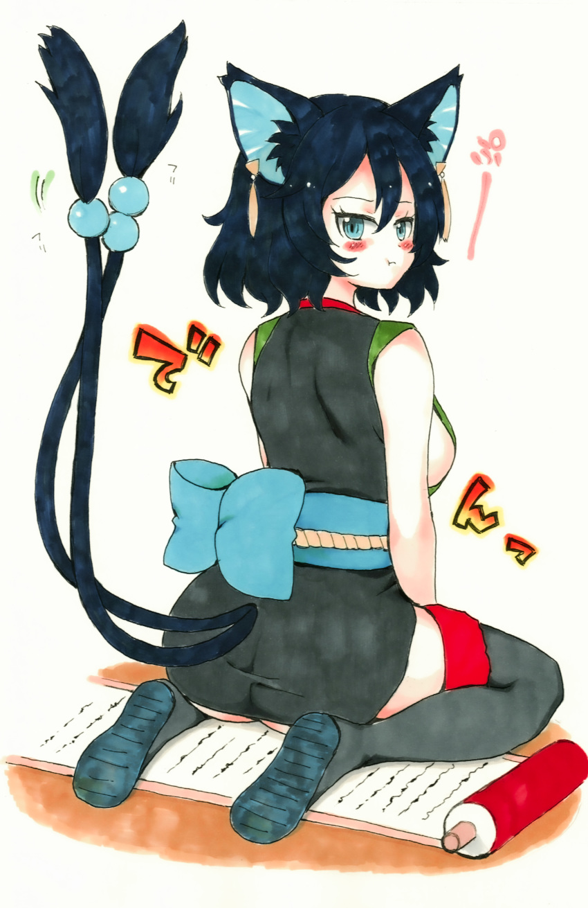 1girl absurdres animal_ears aqua_eyes ass ayakashi_rumble! back blue_hair blush boots breasts cat_ears cat_girl cat_tail commentary_request earrings highres japanese_clothes jewelry large_breasts legs looking_at_viewer mehonobu_g multiple_tails nekomata rin_(ayakashi_rumble!) scroll short_hair sideboob sitting slit_pupils solo tail thigh_boots thighhighs