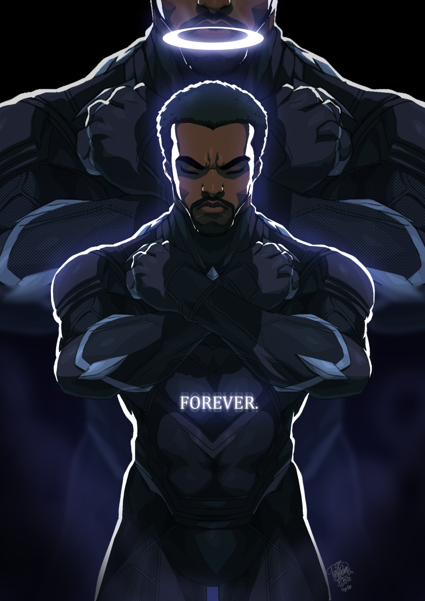 1boy beard black_panther_(film) black_panther_(marvel) bodysuit chadwick_boseman closed_eyes dark_skin english_commentary english_text facial_hair facing_viewer halo highres male_focus marvel panther solo standing t'challa tovio_rogers
