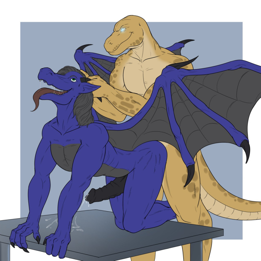 all_fours anthro dragon duo ejaculation equid equine from_behind_position hands-free hi_res horn horse hybrid ismar lizard male male/male mammal open_mouth redgreendied reptile scalie sex sunkawakan tongue tongue_out