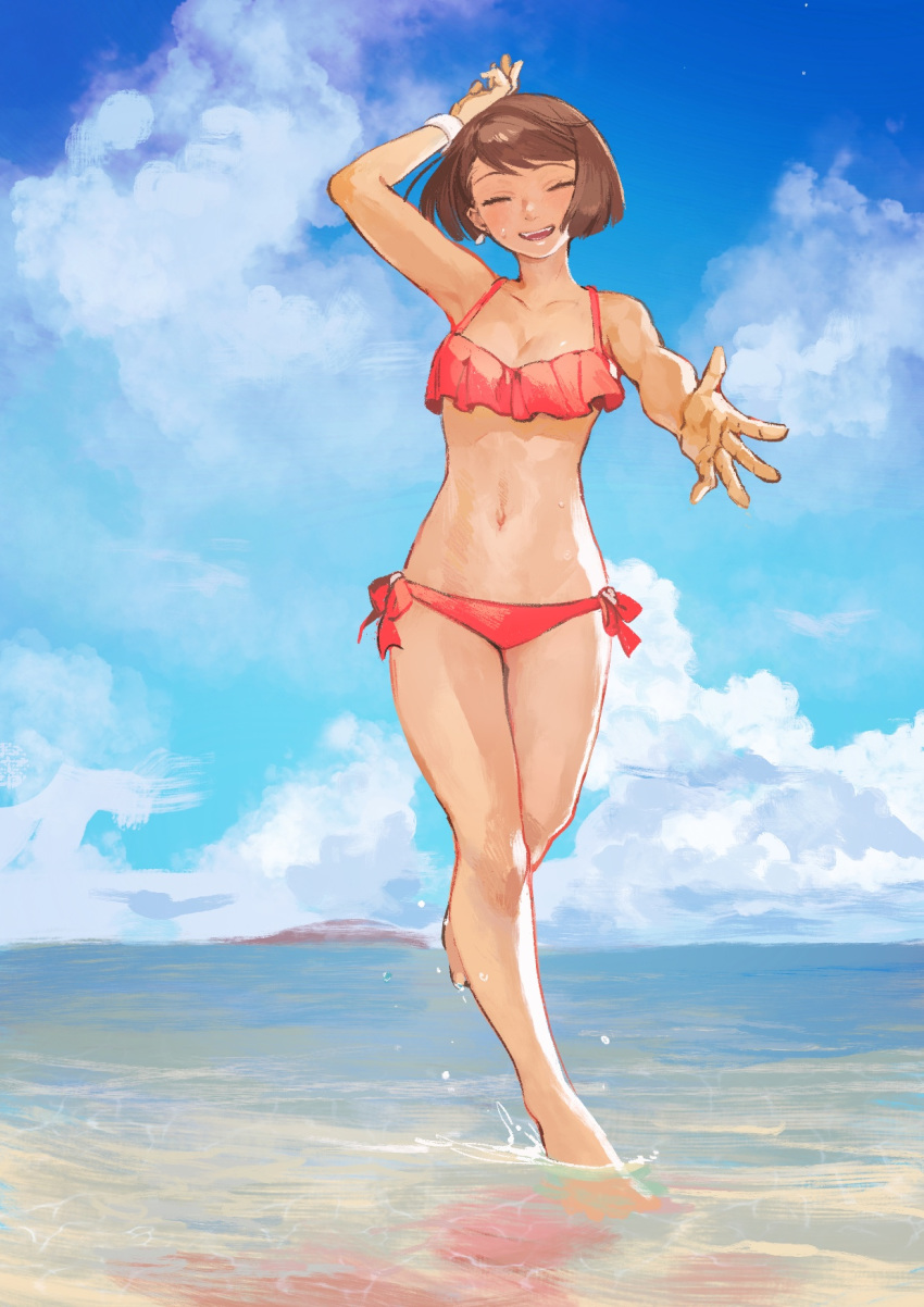 1girl akaneko_(redakanekocat) arm_up barefoot bikini breasts brown_hair closed_eyes cloud day facing_viewer full_body highres navel outdoors outstretched_hand pixiv_fantasia pixiv_fantasia_last_saga red_bikini rudia_of_the_moon_smile short_hair small_breasts smile standing swimsuit white_wristband