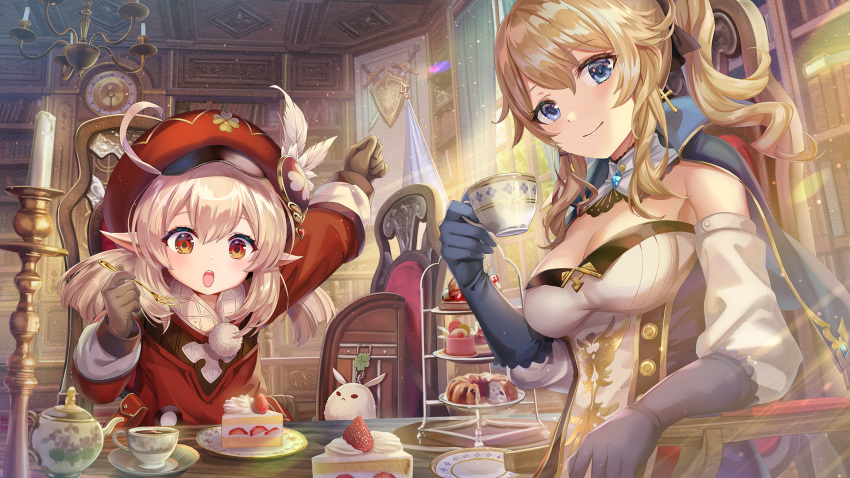 2girls arm_up backpack bag bangs blonde_hair blue_eyes blue_gloves breasts brown_gloves cabbie_hat cake cake_slice chair character_request cleavage closed_mouth commentary_request cup detached_sleeves dress elbow_gloves eyebrows_visible_through_hair food fork genshin_impact gloves hair_between_eyes hat hat_feather highres holding holding_cup holding_fork indoors klee_(genshin_impact) long_hair long_sleeves looking_at_viewer medium_breasts multiple_girls on_chair open_mouth plate puffy_long_sleeves puffy_sleeves red_dress red_eyes red_headwear saucer sitting sleeves_past_wrists smile sweets table tea_party teacup tiered_tray torino_akua twintails upper_teeth white_feathers white_sleeves