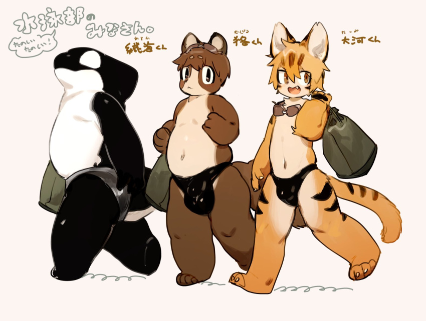 2020 anthro bebebebebe black_body black_skin brown_body brown_fur bulge canid canine cetacean clothing delphinoid domestic_cat felid feline felis fur group japanese_text male mammal marine navel oceanic_dolphin orange_body orange_fur orca raccoon_dog simple_background slightly_chubby swimming_goggles swimwear text toothed_whale walking white_body white_fur white_skin young