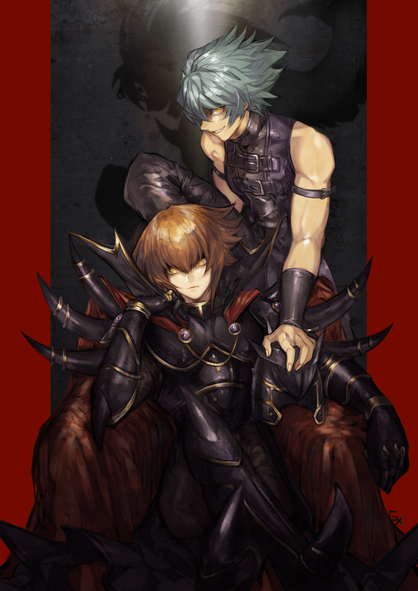 2boys absurdres armband armor bare_shoulders black_armor blue_hair breastplate brown_hair cape crossed_legs dark_persona different_shadow fingernails gauntlets greaves hair_between_eyes headwear_removed helmet helmet_removed highres johan_andersen male_focus multiple_boys open_mouth parted_lips red_cape sitting smile spikes supreme_king_(yuu-gi-ou_gx) third_eye throne vvhoneygo wings yellow_eyes yubel yuu-gi-ou yuu-gi-ou_gx