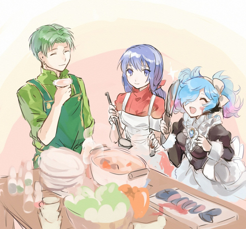 1boy 2girls alternate_costume apron blue_eyes blue_hair caeda_(fire_emblem) closed_eyes closed_mouth fire_emblem fire_emblem:_mystery_of_the_emblem fire_emblem:_path_of_radiance fire_emblem_fates fire_emblem_heroes gem green_hair hair_over_one_eye highres holding holding_knife hukashin knife ladle long_hair long_sleeves maid multicolored_hair multiple_girls open_mouth oscar_(fire_emblem) peri_(fire_emblem) pink_hair plate short_hair smile twintails