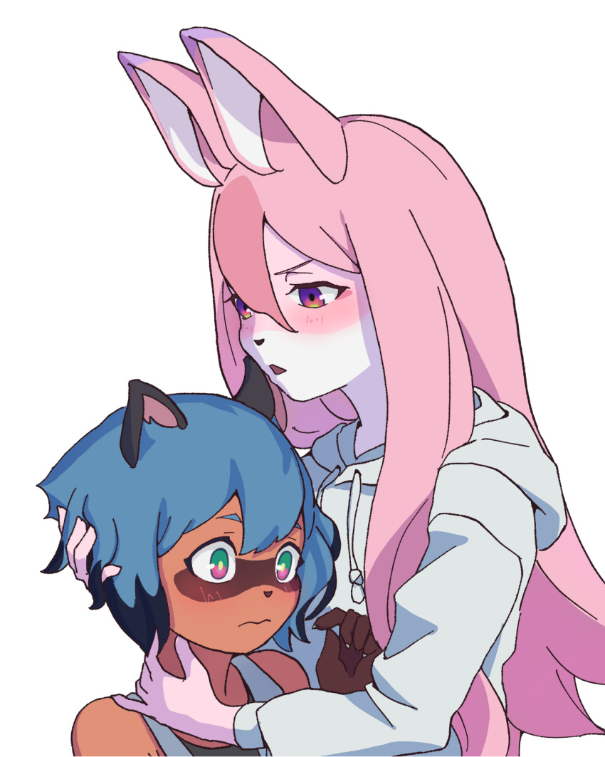 2020 4:5 5_fingers anthro blue_eyes blue_hair blush brand_new_animal brown_body brown_fur canid canine clothed clothing female fingers fluffy fox fur hair hi_res long_hair mammal michiru_kagemori multicolored_body multicolored_fur nazuna_hiwatashi open_mouth pink_body pink_fur pink_hair raccoon_dog rrkk shirt short_hair studio_trigger tank_top tanuki topwear white_body white_fur white_hair