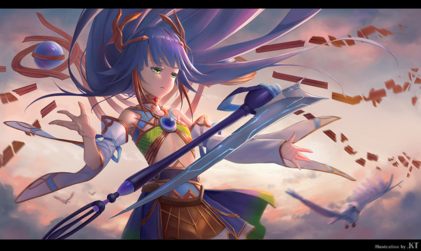 1girl artist_name bangs bare_shoulders bird blunt_bangs blurry blurry_background cloud collarbone detached_sleeves duel_monster floating green_eyes hair_ornament highres ib_the_world_chalice_justiciar jewelry kin_toki letterboxed long_hair neck_ring open_hands orb purple_hair ribbon skirt sky solo weapon yuu-gi-ou