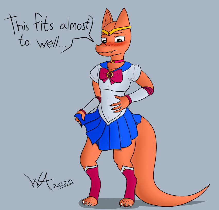 2020 absurd_res anthro blush bottomwear clothed clothing crossdressing dialogue dinosaur english_text hi_res male reptile ribbons sailor_moon_(series) scalie skirt skirt_hold solo text weridartist