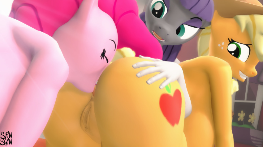 16:9 3d_(artwork) anal anthro anthrofied applejack_(mlp) bent_over big_breasts big_butt blonde_hair breasts butt clothing digital_media_(artwork) eyes_closed female female/female freckles friendship_is_magic genitals green_eyes group hair hand_on_butt hasbro hat hat_only headgear headgear_only headwear headwear_only hi_res huge_breasts huge_butt looking_back maud_pie_(mlp) mostly_nude my_little_pony nude open_mouth oral pinkie_pie_(mlp) pussy rimming sex side_boob smile source_filmmaker symm tongue widescreen