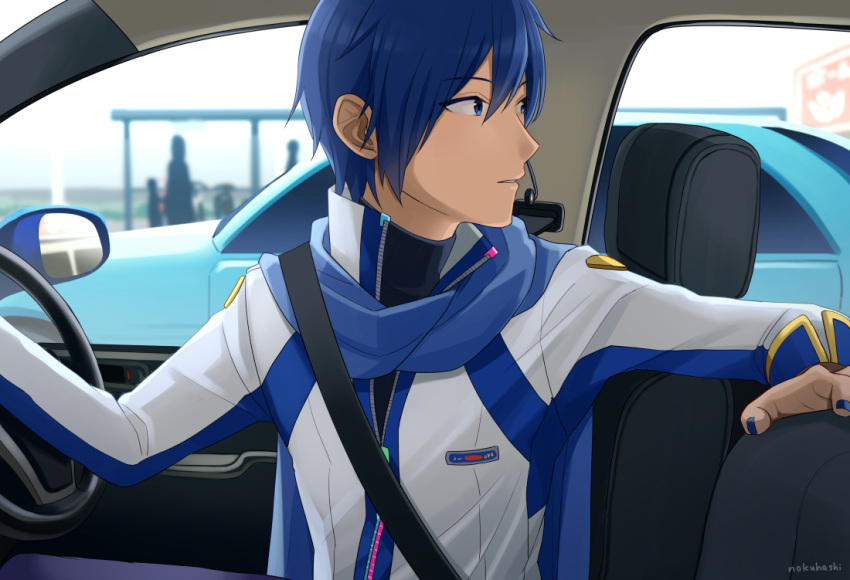 1boy blue_eyes blue_hair blue_nails blue_scarf car coat commentary driving ground_vehicle headset kaito looking_back male_focus mirror motor_vehicle nokuhashi scarf seat seatbelt silhouette steering_wheel upper_body vocaloid white_coat