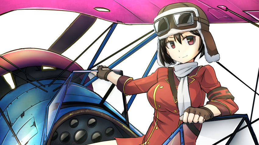 1girl aircraft airplane aviator_cap biplane black_hair brown_eyes brown_gloves coat fingerless_gloves gloves goggles goggles_on_headwear highres kirie_(kouya_no_kotobuki_hikoutai) kouya_no_kotobuki_hikoutai long_sleeves red_coat scarf short_hair solo tokihama_jirou white_scarf