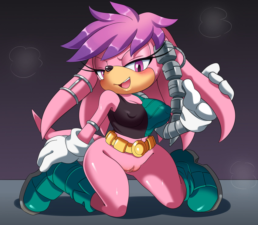 anthro archie_comics belt blush bodily_fluids boots bottomless breasts clothed clothing clut crooked_tail cybernetic_arm cybernetics dark_background echidna eyelashes female footwear genitals gloves hair half-closed_eyes hand_on_foot handwear hi_res julie-su kneeling looking_at_viewer machine mammal mistyvns monotreme narrowed_eyes nipple_outline open_mouth open_smile purple_eyes purple_hair pussy shirt short_hair smaller_version_at_source smile solo sonic_the_hedgehog_(archie) sonic_the_hedgehog_(comics) sonic_the_hedgehog_(series) steam sweat tank_top topwear