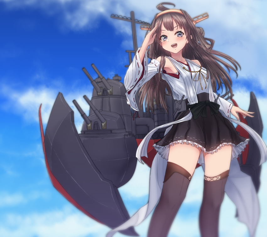 1girl ahoge bare_shoulders black_skirt boots brown_hair commentary_request double_bun from_below grey_eyes hairband hakama_skirt headgear highres kantai_collection kongou_(kantai_collection) long_hair looking_at_viewer machinery nontraditional_miko nuka_(nvkka) remodel_(kantai_collection) salute skirt solo thigh_boots thighhighs turret