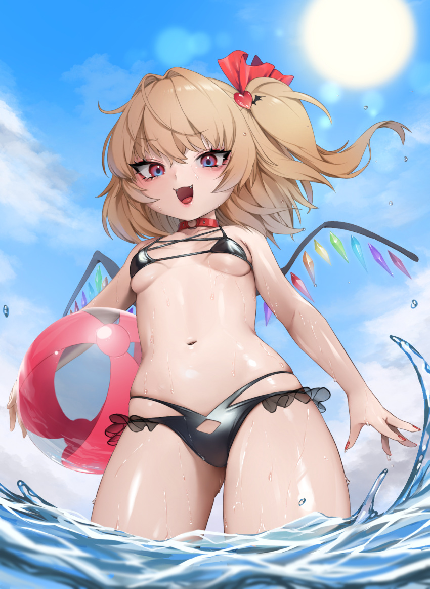 1girl ball bare_arms bare_shoulders beachball bikini bitaro black_bikini blue_sky blush breasts day eyelashes eyeliner eyeshadow fangs flandre_scarlet floating_hair hair_between_eyes hair_ornament hair_ribbon heart heart_hair_ornament highres holding long_hair looking_at_viewer makeup micro_bikini nail_polish navel open_mouth outdoors red_eyes red_nails red_ribbon ribbon shiny shiny_skin sky small_breasts smile solo splashing standing stomach summer sun swimsuit touhou transparent underboob wading water wet wings