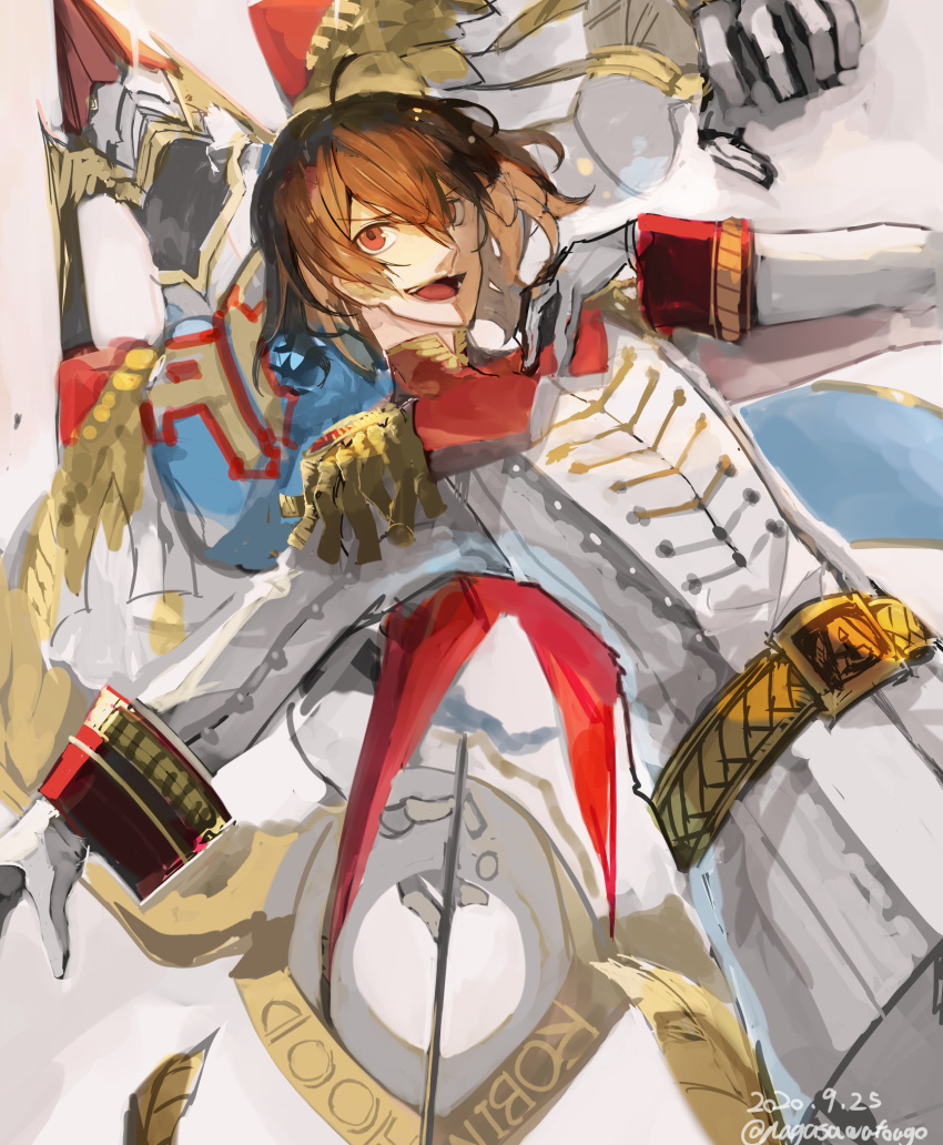 1boy akechi_gorou belt brown_hair capelet dated epaulettes gloves hair_between_eyes hand_on_own_chest highres long_sleeves male_focus nagasawa_tougo open_mouth persona persona_5 red_eyes solo twitter_username uniform white_gloves