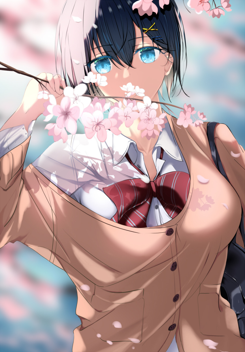 1girl bag bangs black_hair blue_eyes blurry bow bowtie branch breasts cardigan cherry_blossoms dappled_sunlight day depth_of_field dress_shirt eyebrows_visible_through_hair flower hair_between_eyes hair_ornament hairclip hand_up highres holding holding_branch looking_at_viewer loose_bowtie off_shoulder original outdoors partially_unbuttoned petals red_neckwear school_bag school_uniform shirt short_hair shoulder_bag solo striped striped_neckwear sunlight upper_body xi_ying