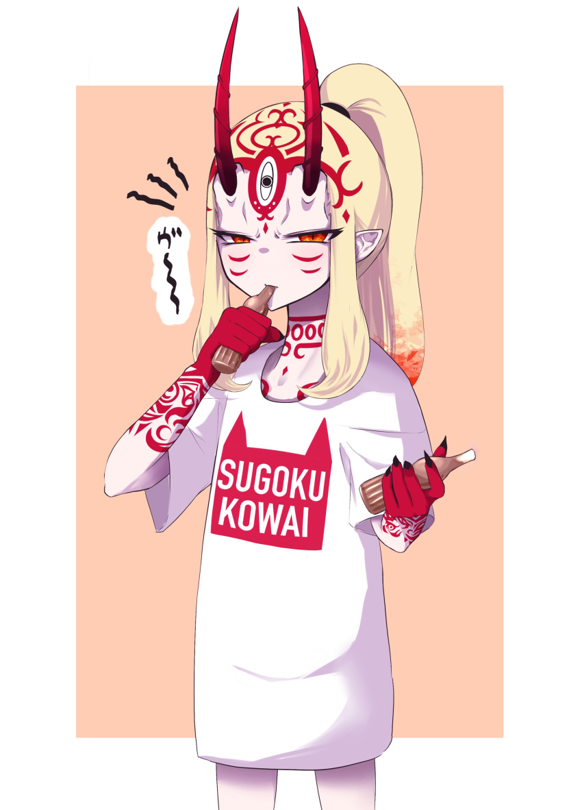 1girl absurdres alternate_costume alternate_hairstyle blonde_hair candy clothes_writing facial_mark fate/grand_order fate_(series) fingernails food forehead_mark high_ponytail highres holding holding_food horns ibaraki_douji_(fate/grand_order) long_hair oni oni_horns pointy_ears sharp_fingernails shirt sidelocks solo t-shirt tattoo uki_wa white_shirt yellow_eyes