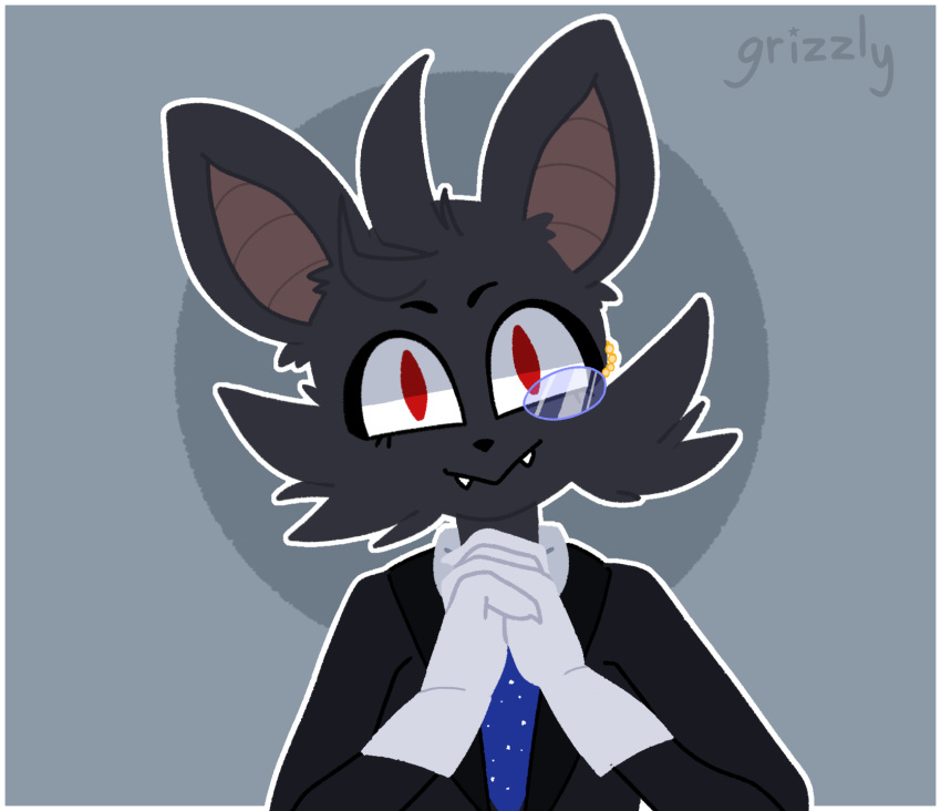 anthro big_ears black_body black_fur black_tie_(suit) chiropteran clothing cute_fangs fangs fur gloves grey_background grizzlyxpuff handwear hi_res julius_(lankthedank) looking_at_viewer male mammal monicle necktie red_eyes simple_background solo star suit