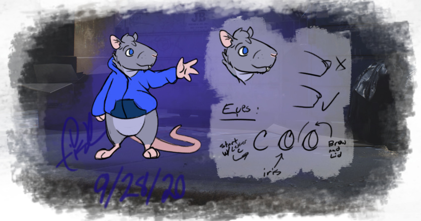 ambiguous_gender anthro bottomless clothed clothing fisk24 fur grey_body grey_fur hi_res hoodie mammal model_sheet murid murine pink_tail rat rodent solo topwear