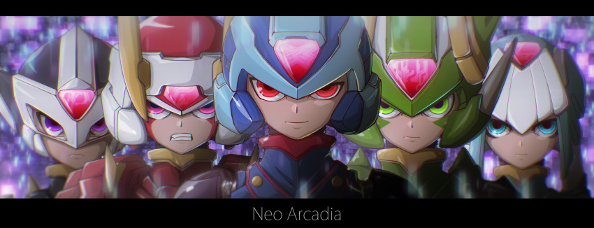 absurdres android blue_eyes capcom clenched_teeth copy_x facing_viewer fafnir green_eyes harpuia helmet highres letterboxed leviathan_(rockman) looking_at_viewer phantom_(rockman) potato-ray purple_eyes red_eyes rockman rockman_zero smile teeth