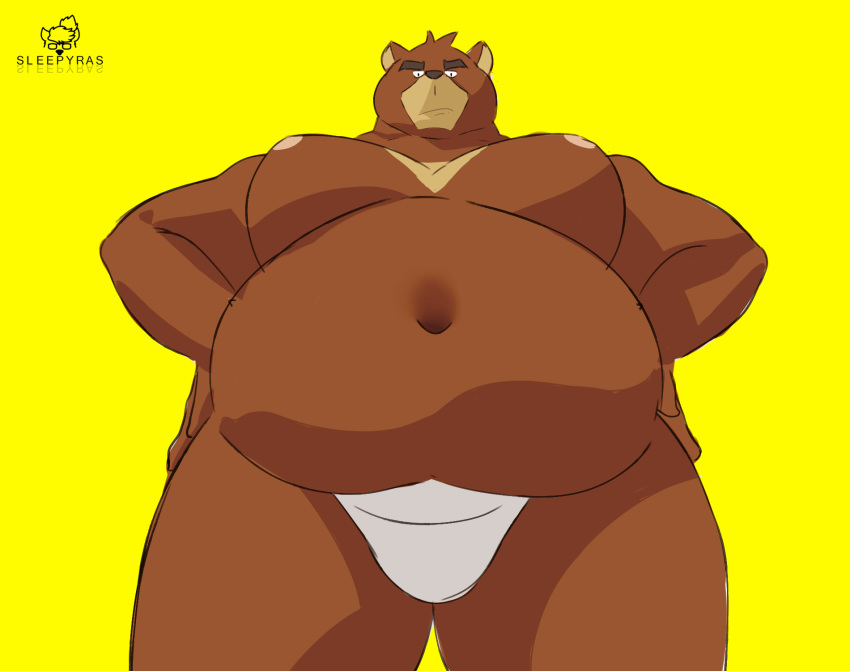 anthro belly big_breasts breasts bulge chubby_male eyebrows hi_res juuichi_mikazuki low-angle_view male mammal moobs morenatsu navel nipples overweight overweight_anthro overweight_male sleepyras solo tall thick_eyebrows thick_thighs ursid video_games visual_novel