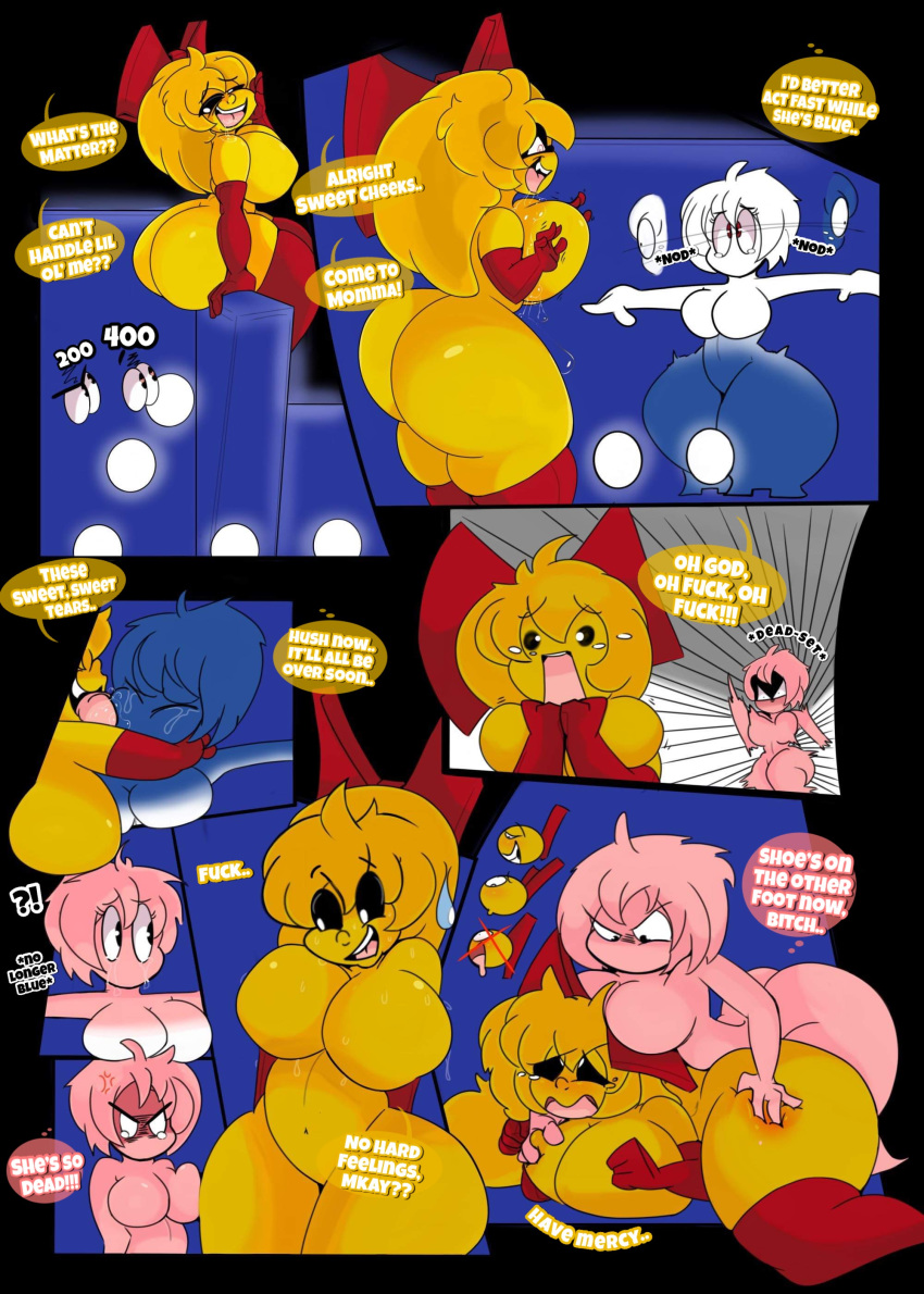 absurd_res big_breasts breasts chase comic dialogue duo english_text female female/female game_over gameplay_mechanics ghost groping_breasts hi_res huge_breasts humanoid inkit89 licking ms._pac-man pac-man_(series) pac_ghosts panic pinky_(pac-man) scared speech_bubble spirit text thought_bubble tongue tongue_out toony video_games