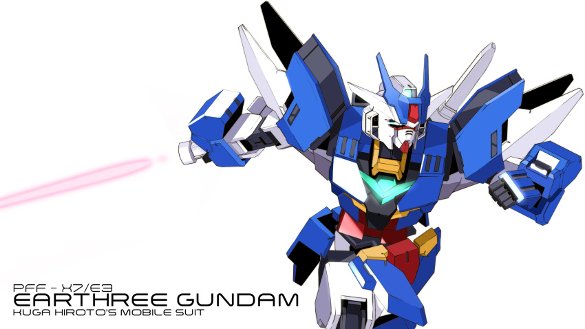 aqua_eyes beam_saber character_name charging_forward clenched_hand earthree_gundam glowing glowing_eye gundam gundam_build_divers gundam_build_divers_re:rise highres holding holding_sword holding_weapon kaiserxtask mecha no_humans solo sword v-fin weapon white_background