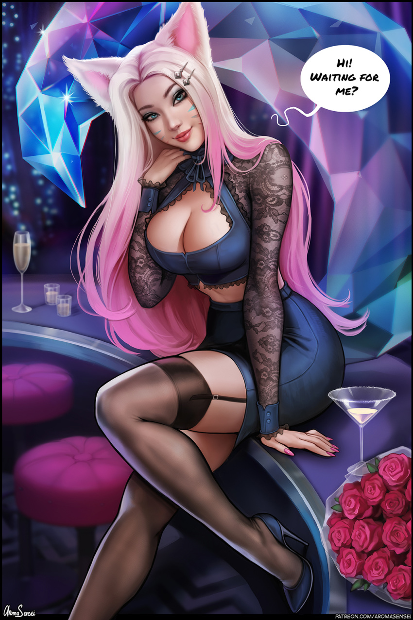 1girl ahri alcohol animal_ears aroma_sensei black_footwear black_skirt blue_eyes bouquet breasts champagne_flute cleavage cleavage_cutout clothing_cutout cocktail_glass crop_top crystal_tail cup drinking_glass english_text eyeshadow flower fox_ears garter_straps gradient_hair head_tilt high-waist_skirt high_heels highres k/da_(league_of_legends) lace_sleeves large_breasts league_of_legends leg_up lips lipstick looking_at_viewer makeup midriff multicolored_hair nightclub nose on_table over-kneehighs pencil_skirt pink_hair rose sheer_legwear sitting skirt solo speech_bubble stiletto_heels table the_baddest_ahri thighhighs whisker_markings zettai_ryouiki