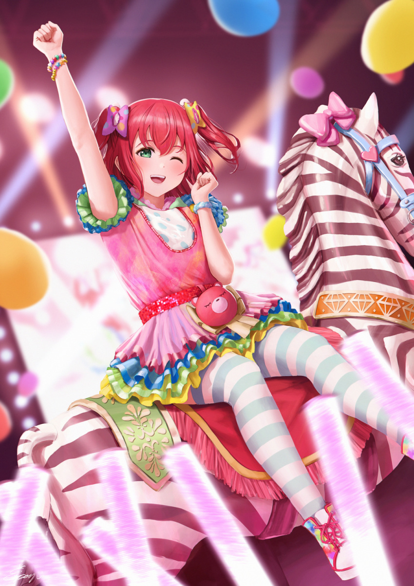 1girl ;d arm_up balloon bangs belt_pouch bow bracelet clenched_hands commentary_request dress frilled_dress frilled_skirt frills glowstick green_eyes hair_bow hand_up heart highres jewelry kurosawa_ruby love_live! love_live!_sunshine!! multicolored multicolored_clothes multicolored_dress multicolored_footwear one_eye_closed open_mouth papi_(papiron100) pink_bow pouch raised_fist red_hair riding screen shoes short_hair sidesaddle skirt smile solo stage_lights striped striped_legwear thighhighs two_side_up yellow_bow zebra