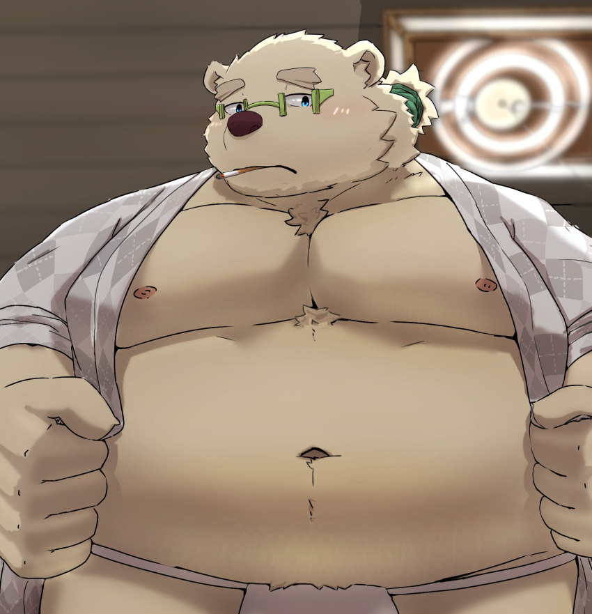 2020 anhrmgzo anthro asian_clothing belly blush clothing east_asian_clothing eyewear fundoshi glasses hi_res japanese_clothing kemono leib_(tas) male mammal moobs navel nipples overweight overweight_anthro overweight_male polar_bear smoking solo tokyo_afterschool_summoners underwear ursid ursine video_games