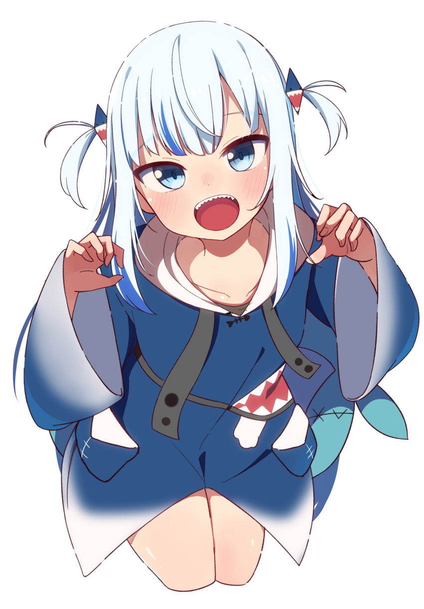 1girl :d absurdres blue_eyes blue_hair blue_hoodie blush commentary cropped_legs drawstring gawr_gura hair_ornament hands_up highres hololive hololive_english hood hood_down hoodie long_sleeves looking_at_viewer multicolored_hair okota_mikan open_mouth shark_tail sharp_teeth simple_background sleeves_past_wrists smile solo streaked_hair tail teeth two_side_up virtual_youtuber white_background wide_sleeves