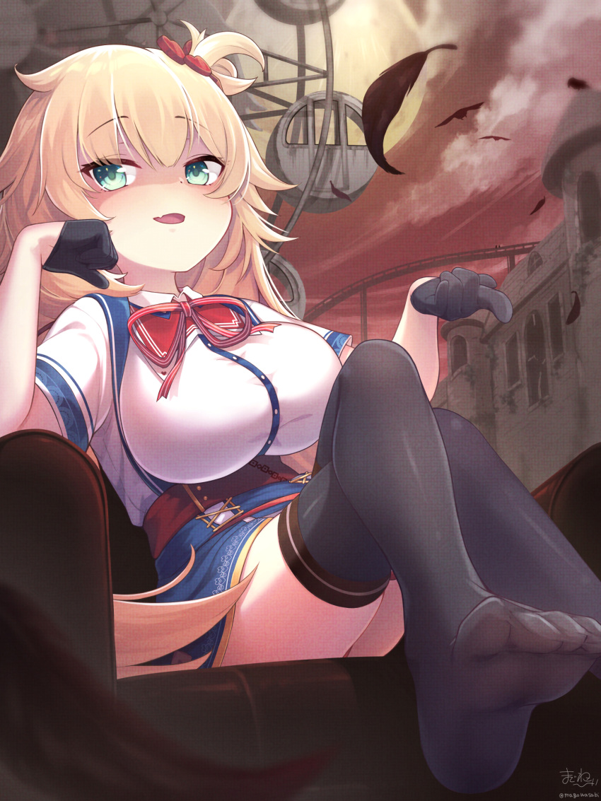 akai_haato bird black_gloves black_legwear blonde_hair building eyebrows_visible_through_hair fang feathers ferris_wheel footwear_removed gloves half_gloves hand_on_own_cheek heart highres hololive magowasabi open_mouth red_sky sitting skin_fang sky thighhighs tied_hair virtual_youtuber