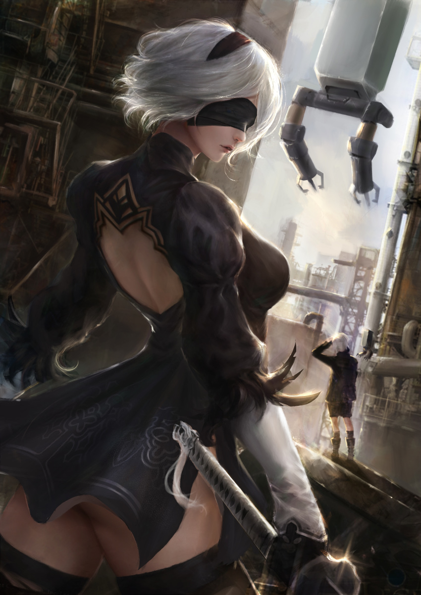 1boy 1girl absurdres artist_request back_cutout black_blindfold black_dress black_gloves black_hairband blindfold breasts clothing_cutout covered_eyes dress feather-trimmed_sleeves gloves hairband highres holding holding_sword holding_weapon industrial juliet_sleeves leotard long_sleeves medium_breasts nier_(series) nier_automata pod_(nier_automata) puffy_sleeves short_hair silver_hair sword thighhighs thighhighs_under_boots weapon white_leotard yorha_no._2_type_b yorha_no._9_type_s