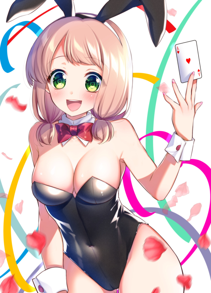 1girl ace_of_hearts animal_ears bang_dream! black_leotard bow bowtie breasts bunny_ears bunny_girl bunny_tail bunnysuit card cleavage commentary_request detached_collar green_eyes hair_over_shoulder highres leotard looking_at_viewer nail_polish pink_hair playing_card red_neckwear short_hair smile solo strapless strapless_leotard tail tsurugi_hikaru uehara_himari wrist_cuffs