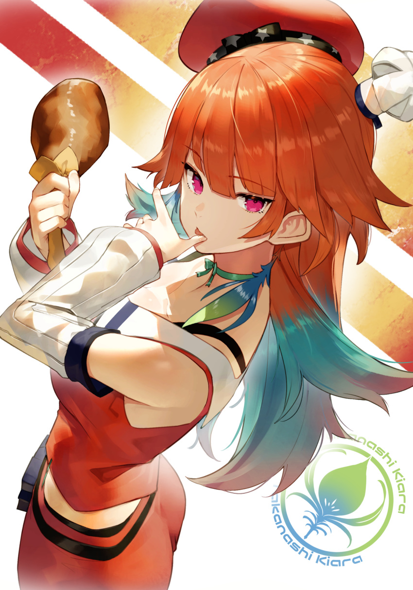 1girl absurdres ass bangs character_name chef_hat chicken_leg finger_licking food from_side hat highres holding holding_food hololive hololive_english licking looking_back medium_hair orange_hair pink_eyes solo sukocchi takanashi_kiara virtual_youtuber