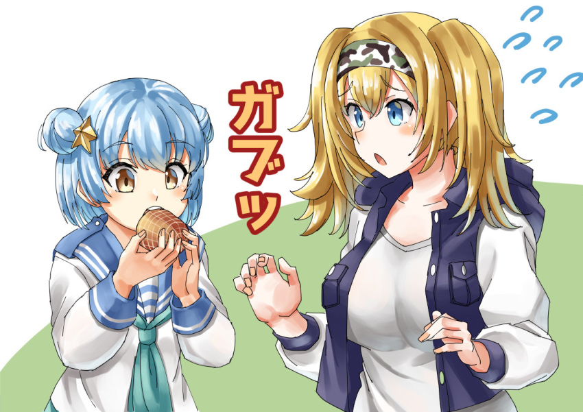 2girls aqua_neckwear black_vest blonde_hair blue_eyes blue_hair blue_sailor_collar breasts commentary_request double_bun eating flying_sweatdrops food gambier_bay_(kantai_collection) hair_ornament ham kantai_collection large_breasts long_sleeves mayura2002 multiple_girls neckerchief official_alternate_costume sailor_collar samuel_b._roberts_(kantai_collection) school_uniform serafuku shirt short_hair simple_background sleeve_cuffs star_(symbol) star_hair_ornament sweater translation_request twintails two-tone_background upper_body vest white_background white_shirt white_sweater yellow_eyes