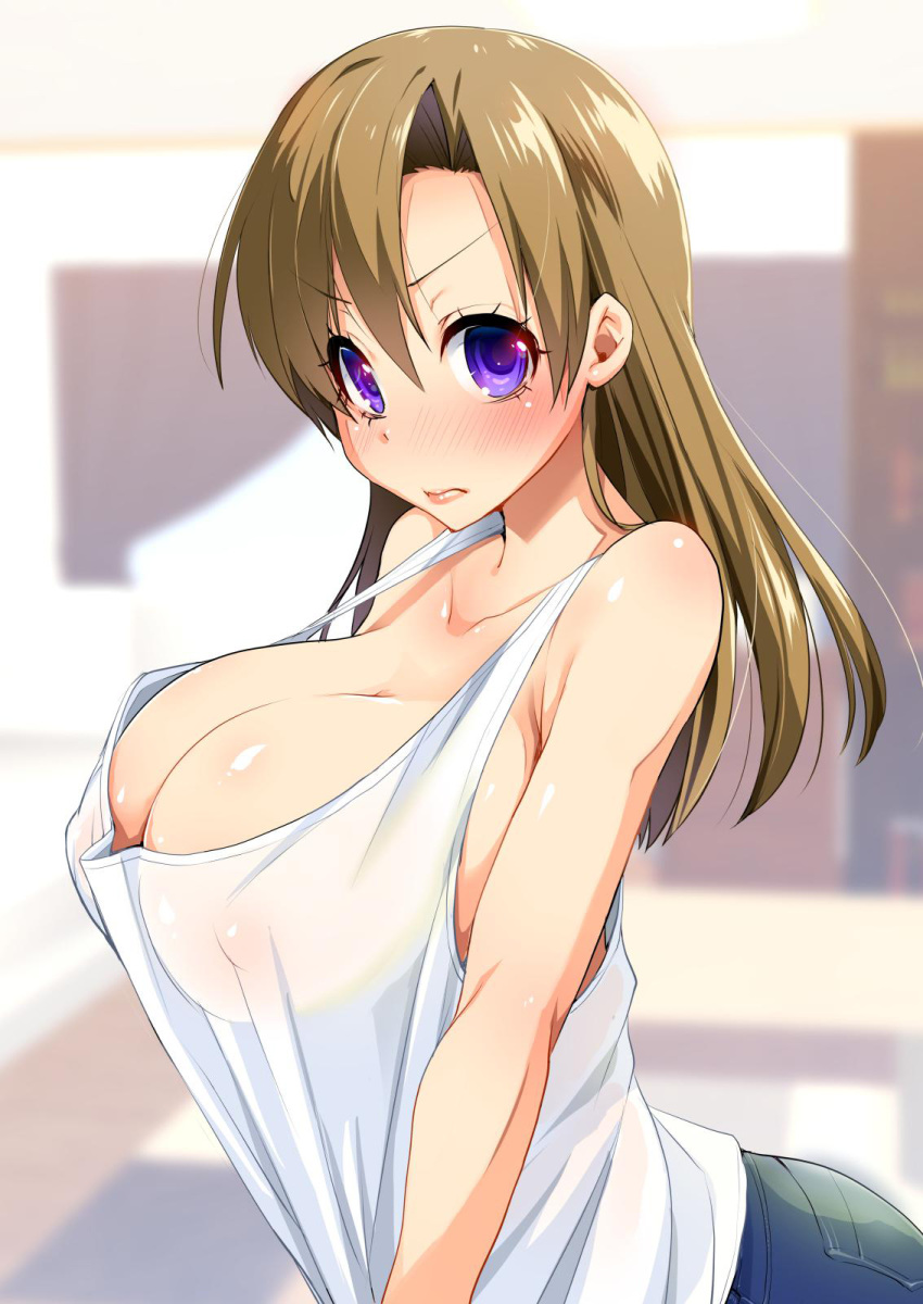 1girl bangs blush breasts brown_hair cleavage collarbone covered_nipples highres kouki_kuu large_breasts lips long_hair looking_at_viewer original pants purple_eyes solo tank_top