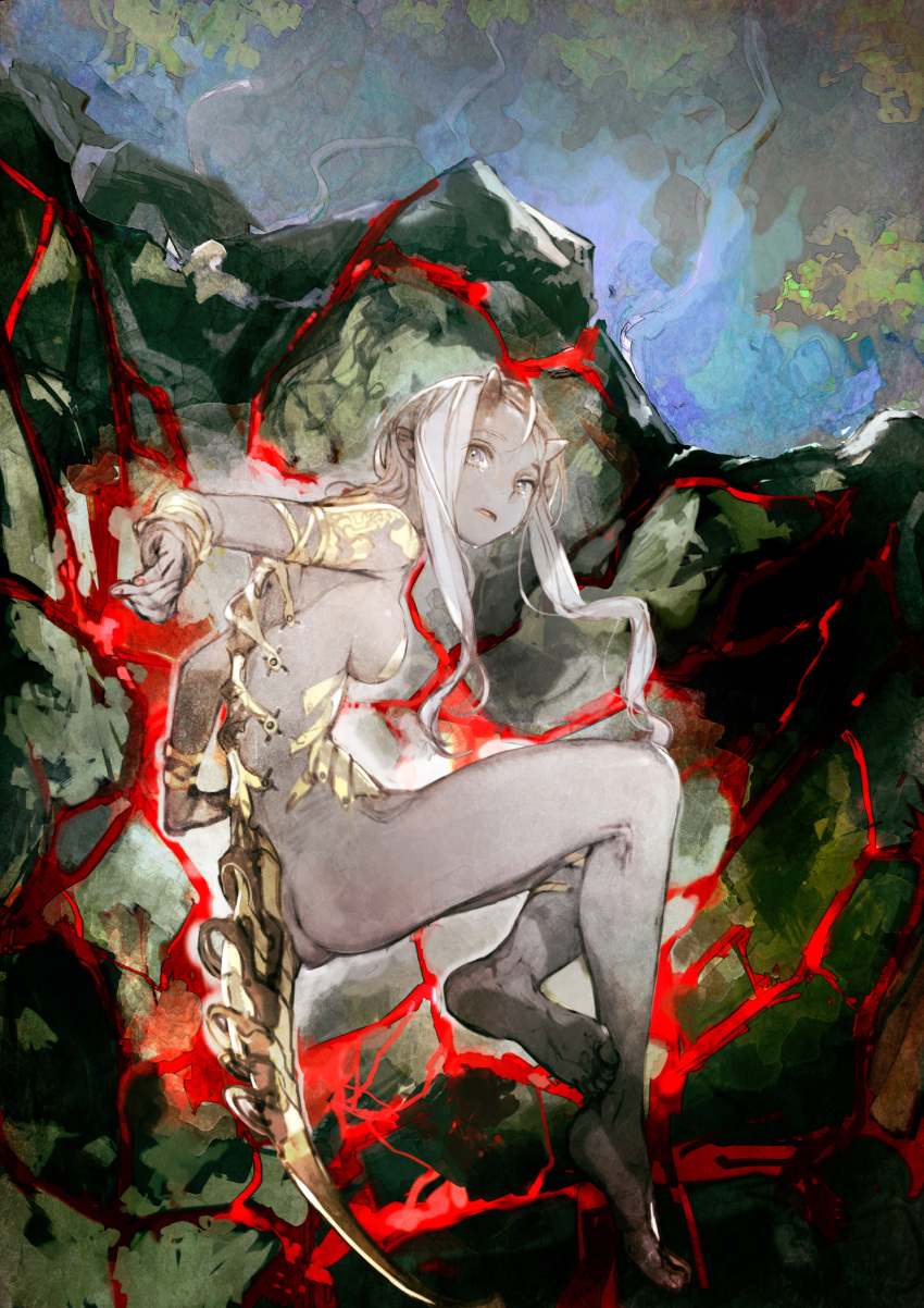 1girl ass barefoot bracelet breasts grey_skin highres horns jewelry long_hair looking_at_viewer oni oni_horns open_mouth original pointy_ears purple_eyes revealing_clothes tears toi8 white_hair