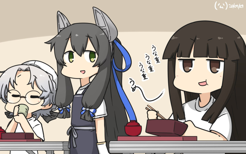 3girls alternate_costume apron bangs black_apron black_hair blunt_bangs bowl brown_eyes chopsticks closed_eyes commentary_request cup dated drinking eating glasses green_eyes grey_hair hair_ribbon hamu_koutarou hat hatsuyuki_(kantai_collection) headgear highres hime_cut hirato_(kantai_collection) i-47_(kantai_collection) kantai_collection long_hair multiple_girls obentou official_alternate_costume ponytail ribbon sailor_hat shirt short_hair sidelocks t-shirt translation_request tress_ribbon wavy_hair white_headwear white_shirt yunomi