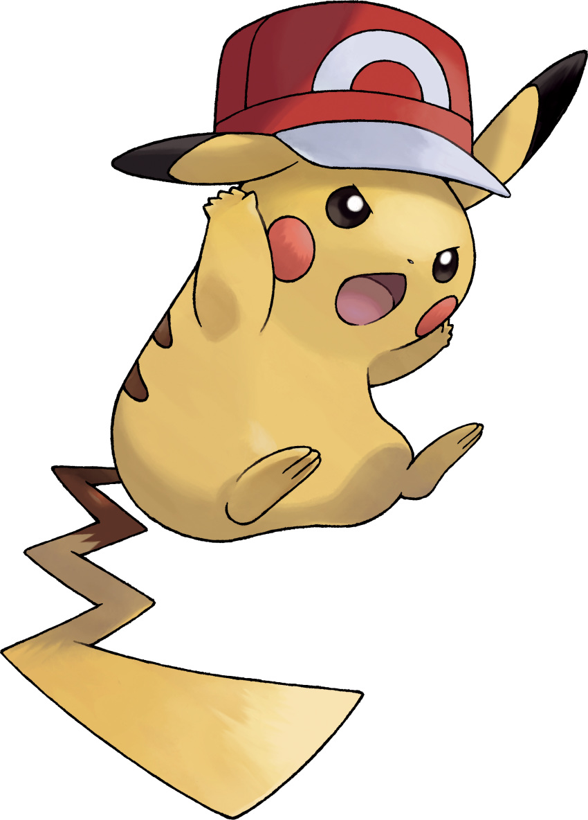 absurdres arms_up artist_request baseball_cap black_eyes blush_stickers clothed_pokemon full_body gen_1_pokemon hat highres jumping no_humans official_art open_mouth pikachu pokemon pokemon_(anime) pokemon_(creature) pokemon_(game) pokemon_swsh pokemon_xy_(anime) red_headwear solo transparent_background