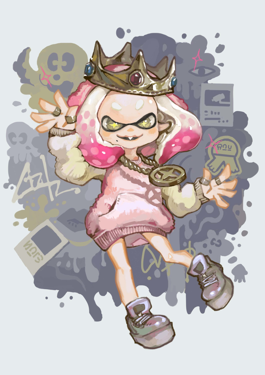 absurdres catsila crown eyes highres hime_(splatoon) hood hoodie jewelry necklace pink_hair pink_hoodie pointy_ears ring security_camera sharp_teeth shoes skull sparkle splatoon_(series) splatoon_2 teeth tentacle_hair white_footwear yellow_eyes