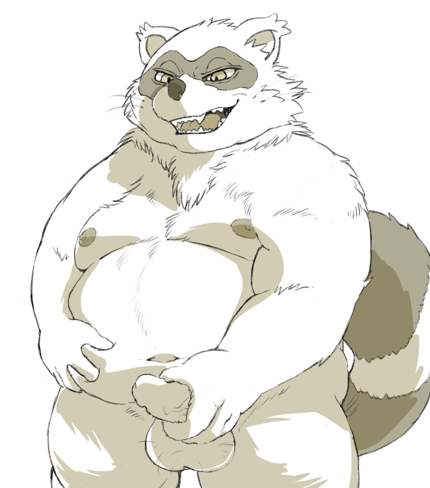 2020 anthro balls belly canid canine genitals hi_res humanoid_genitalia humanoid_hands humanoid_penis hysk kemono male mammal moobs navel nipples overweight overweight_anthro overweight_male penis raccoon_dog sengoku_puzzle simple_background solo tanuki tokugawa_ieyasu video_games white_background