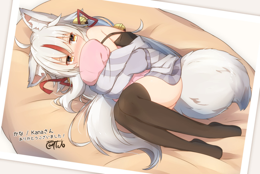 1girl ahoge animal_ear_fluff animal_ears bangs bell black_camisole black_legwear blush camisole commentary_request coreytaiyo covered_mouth dated eyebrows_visible_through_hair fox_ears fox_girl fox_tail full_body grey_hair hair_bell hair_ornament hair_ribbon highres jingle_bell kamiko_kana long_hair long_sleeves looking_at_viewer lying multicolored_hair no_shoes nose_blush off_shoulder on_side photo_(object) pillow pillow_hug red_hair red_ribbon ribbon signature sleeves_past_fingers sleeves_past_wrists solo strap_slip streaked_hair striped_jacket tail thick_eyebrows thighhighs translation_request tsunderia virtual_youtuber