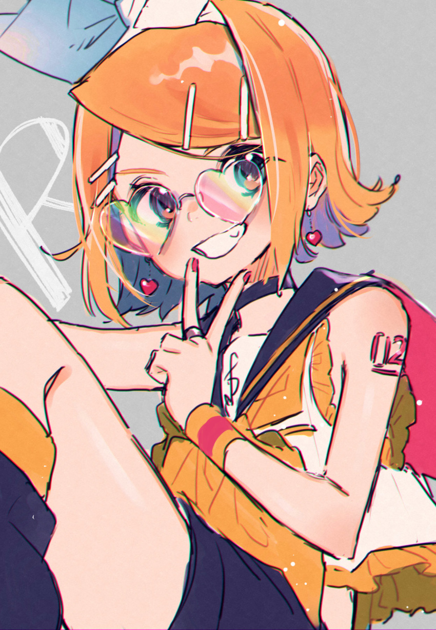 1girl arm_tattoo blonde_hair earrings heart heart-shaped_eyewear heart_earrings highres jewelry kagamine_rin kouhara_yuyu looking_to_the_side school_uniform serafuku short_hair solo sunglasses tattoo v vocaloid